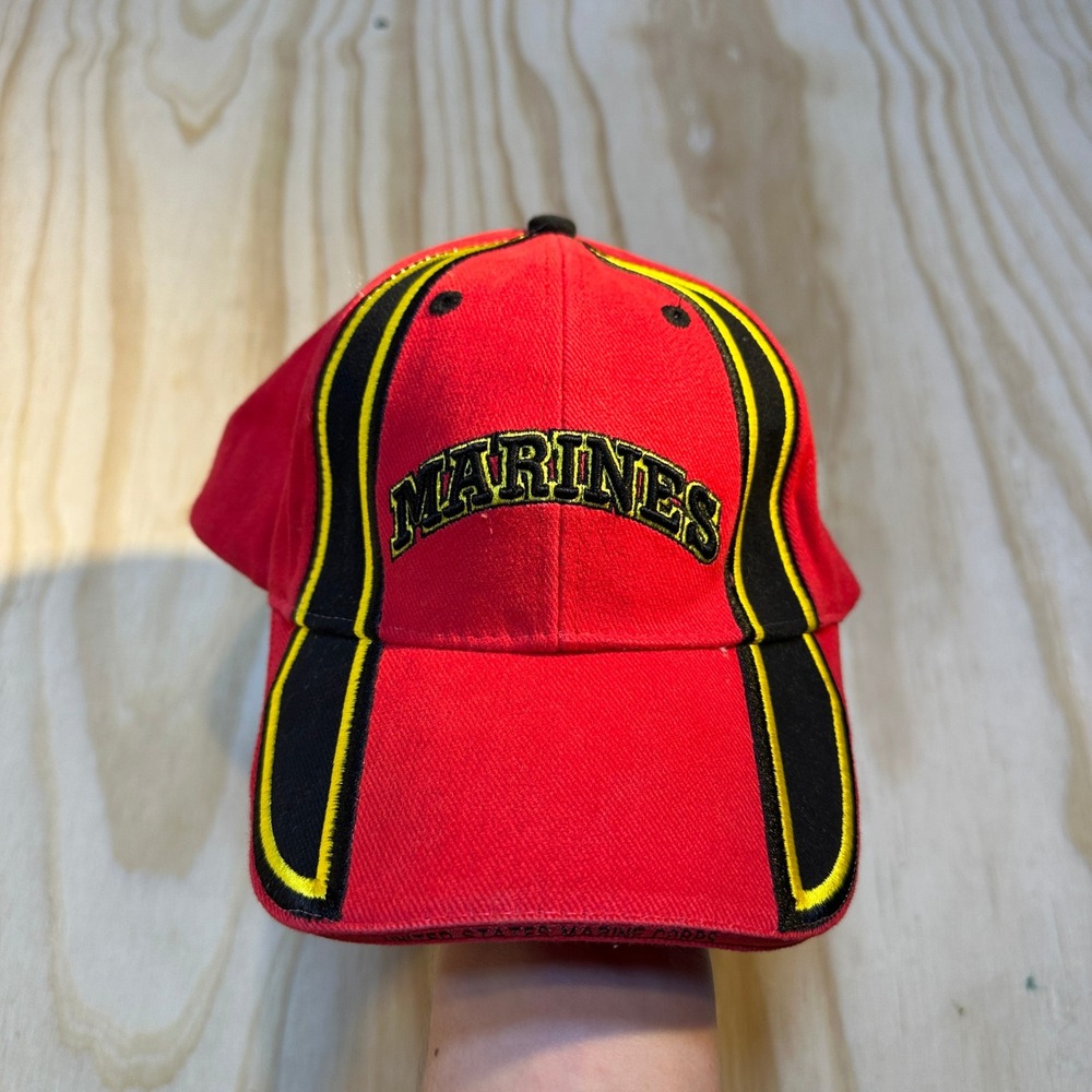 Eagle Crest USMC Marines Hat Red Yellow Racing Stripe Adjustable Baseball Cap